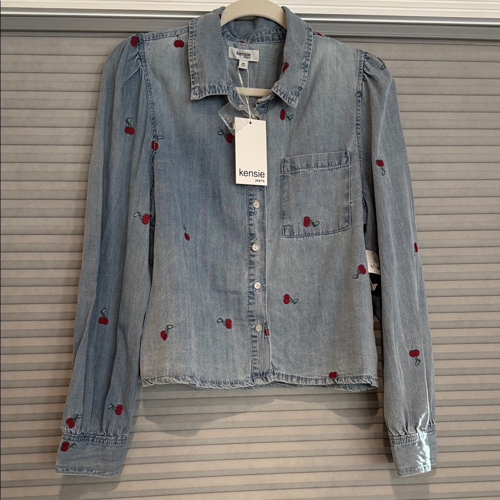 NWT Kensie Blue Denim Shirt with Red Embroidery- size M